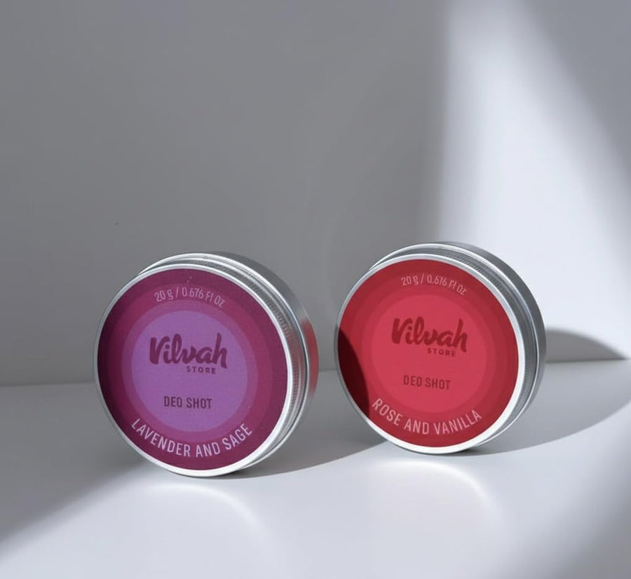 Vilvah Deo Shot Kit – Lavender & Sage and Rose & Vanilla tins side by side