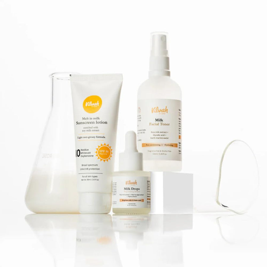 Vilvah Everyday Skincare Milk Kit – kit contents: Milk Facial Toner, Milk Drops Serum and Melt-in-Milk Sunscreen