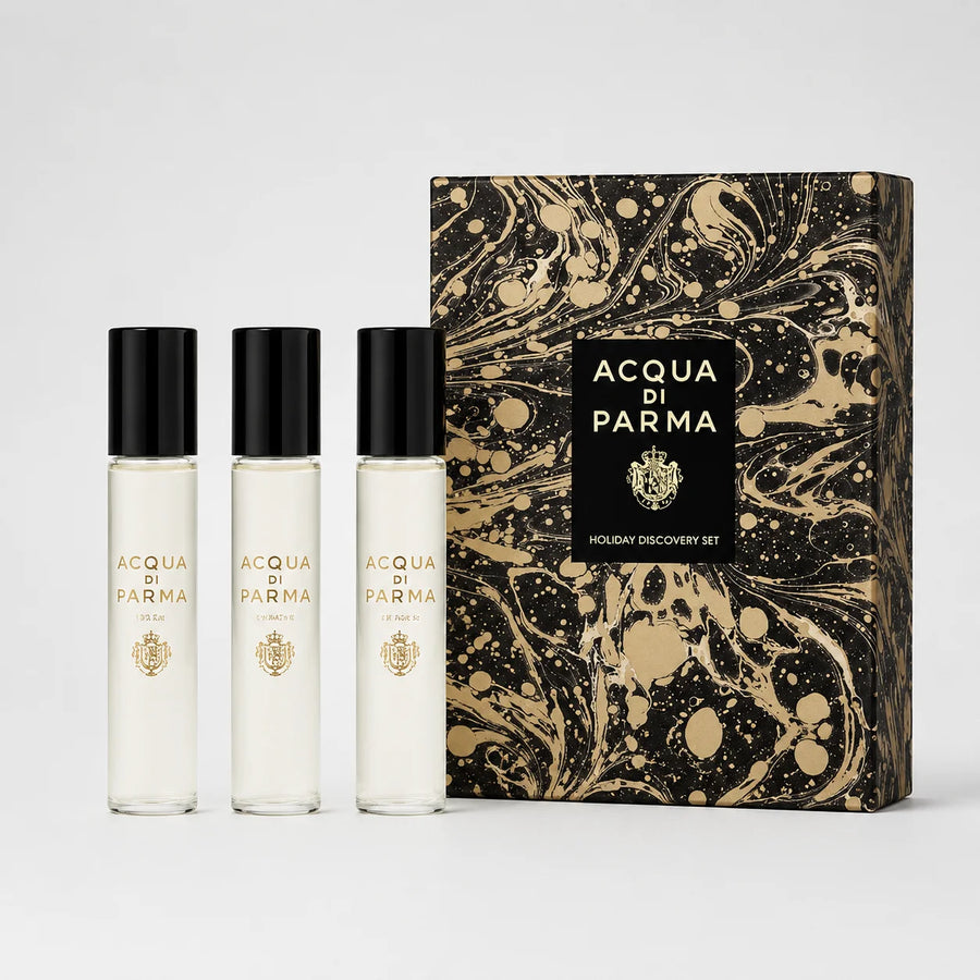 Acqua di Parma Holiday Discovery Set EDP 3x12ml – three travel sprays beside the marbled gift box