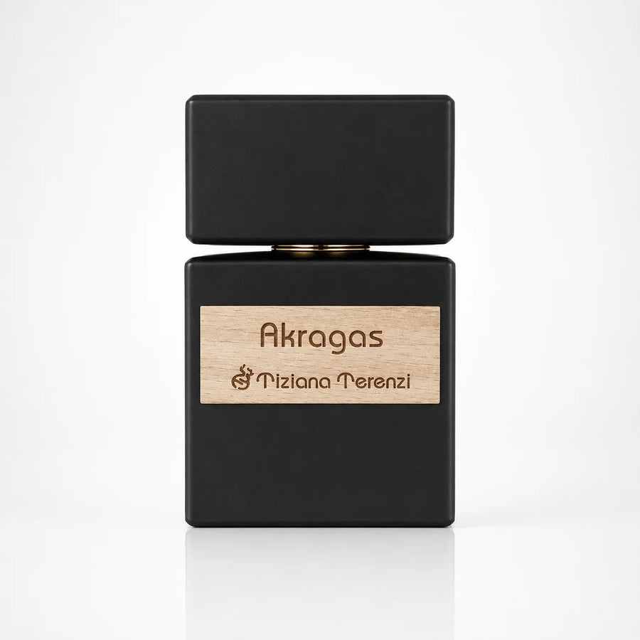 Akragas Extrait de Parfum 100ml – black bottle with wooden label, front view