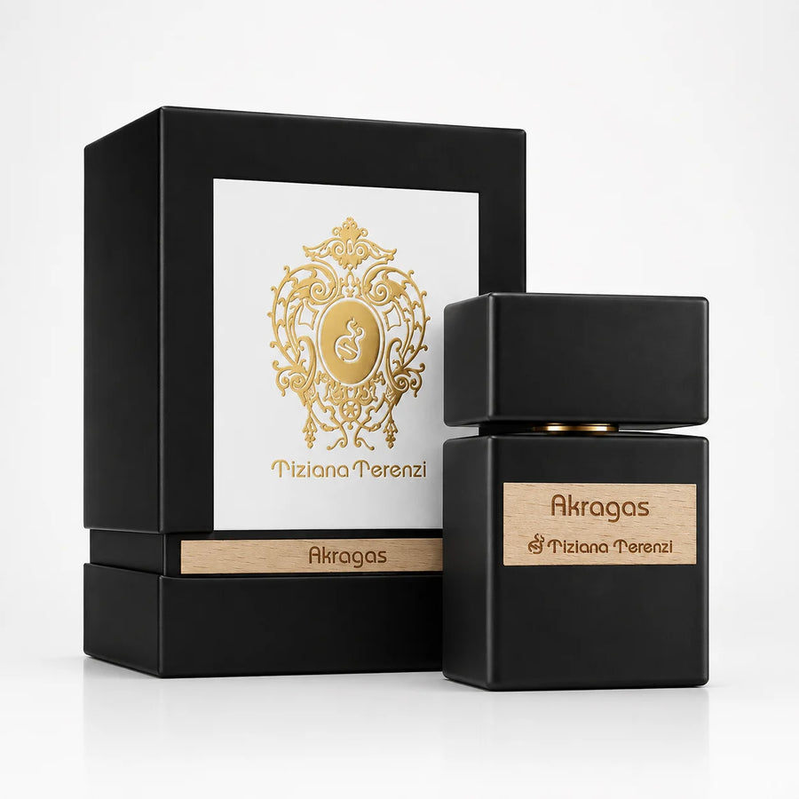 Akragas Extrait de Parfum 100ml – bottle beside its black and white gift box