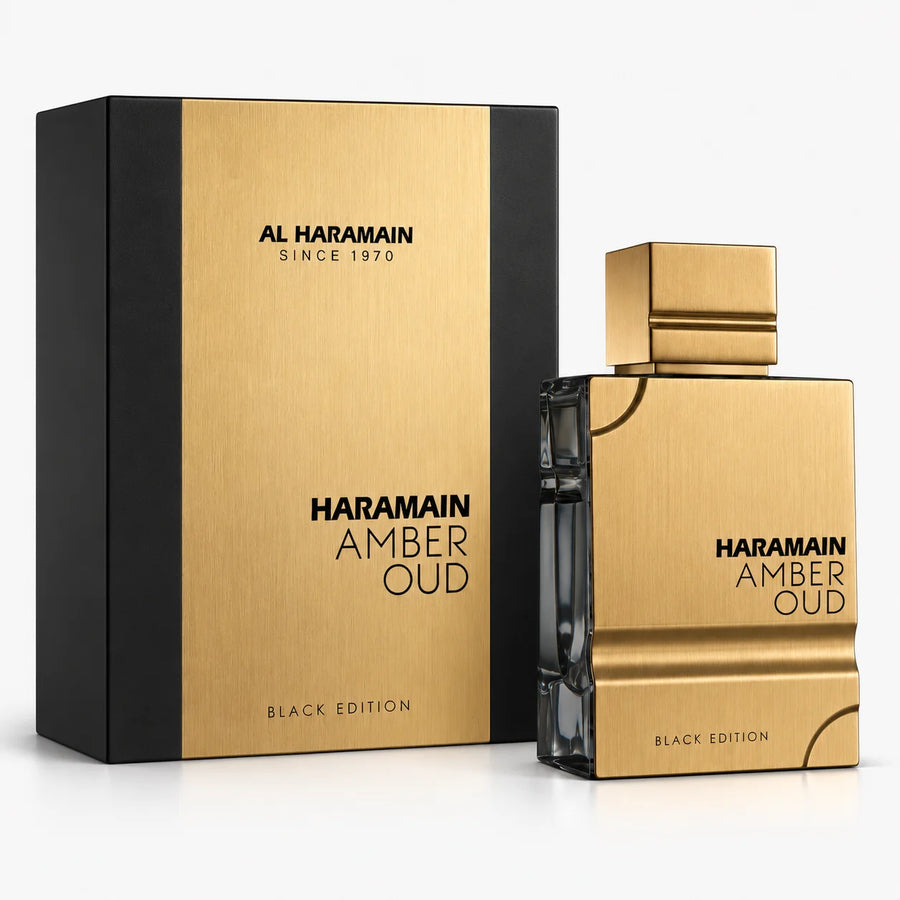 Al Haramain Amber Oud Black Edition Eau de Parfum 100ml – bottle beside its black and gold box