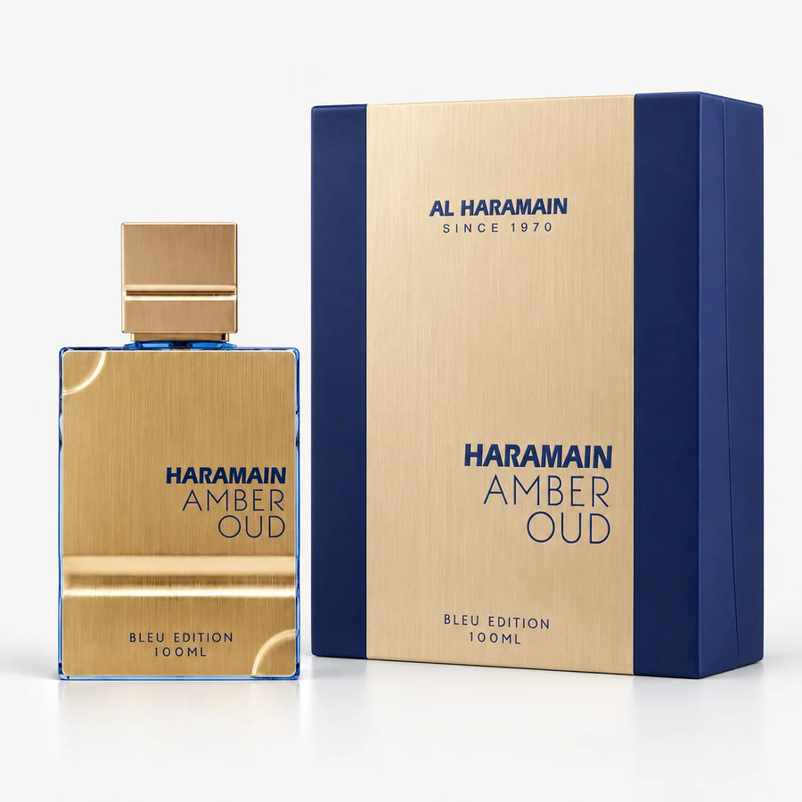 Al Haramain Amber Oud Bleu Edition Eau de Parfum – 100 ml bottle beside its navy and gold box
