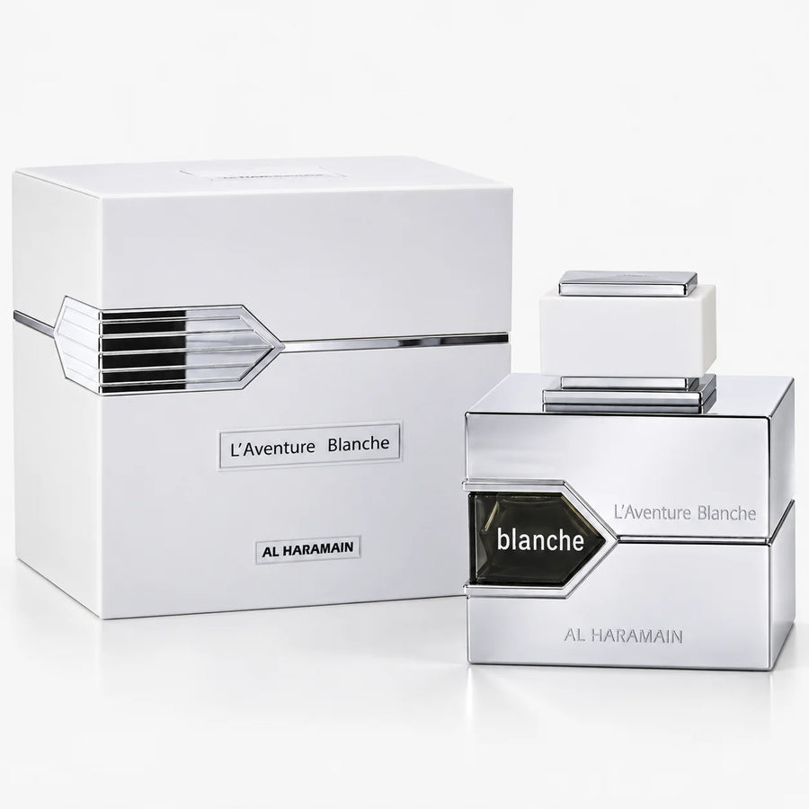 Al Haramain L’Aventure Blanche Eau de Parfum 100ml – bottle beside its white and silver box