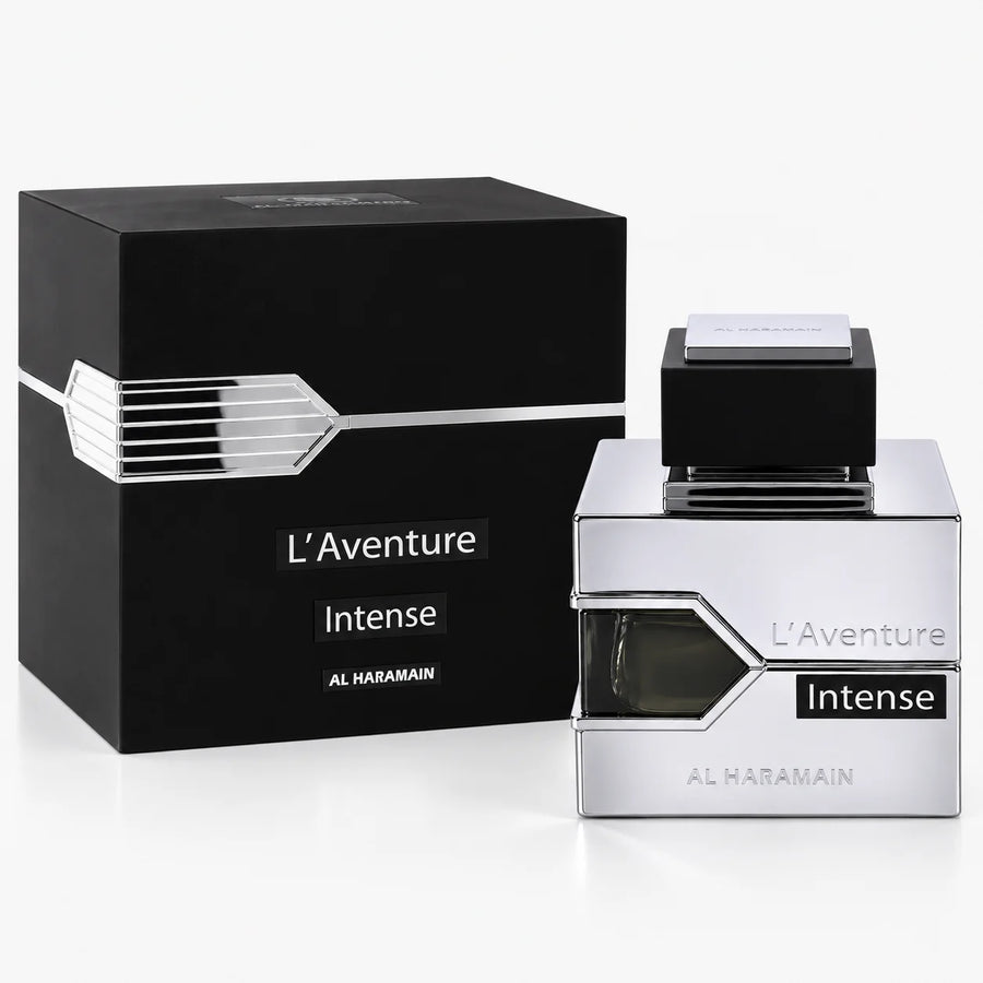 Al Haramain L’Aventure Intense Eau de Parfum 100ml – bottle beside its black box