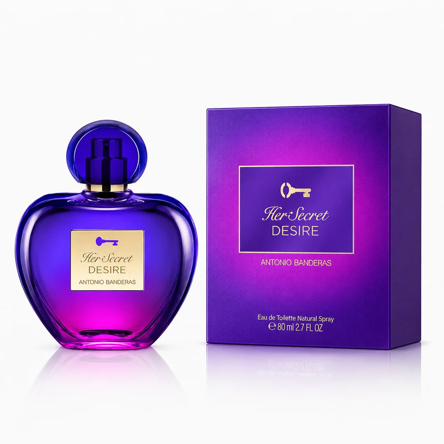 Antonio Banderas Her Secret Desire Eau de Toilette 80ml – 80 ml bottle beside its purple box