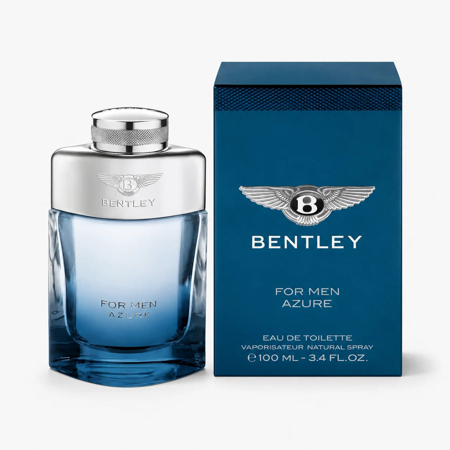 Bentley For Men Azure Eau de Toilette 100ml – bottle beside its blue box
