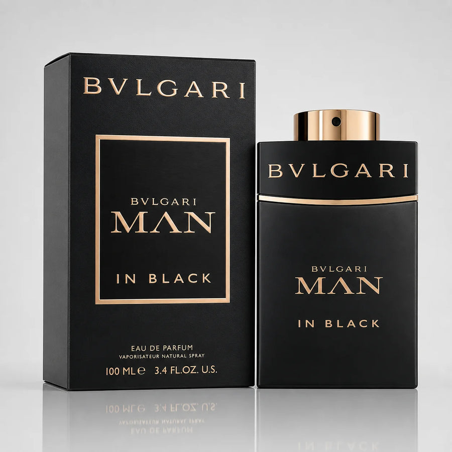 Bvlgari Man in Black Eau de Parfum 100ml – 100 ml bottle beside its black box