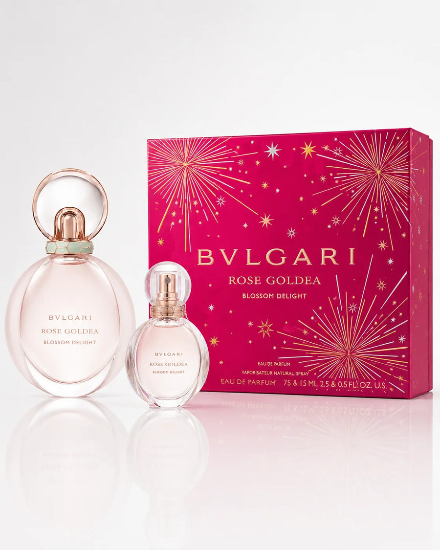 Bvlgari Rose Goldea Blossom Delight Eau de Parfum Gift Set 75ml + 15ml – 75 ml and 15 ml bottles beside the pink gift box