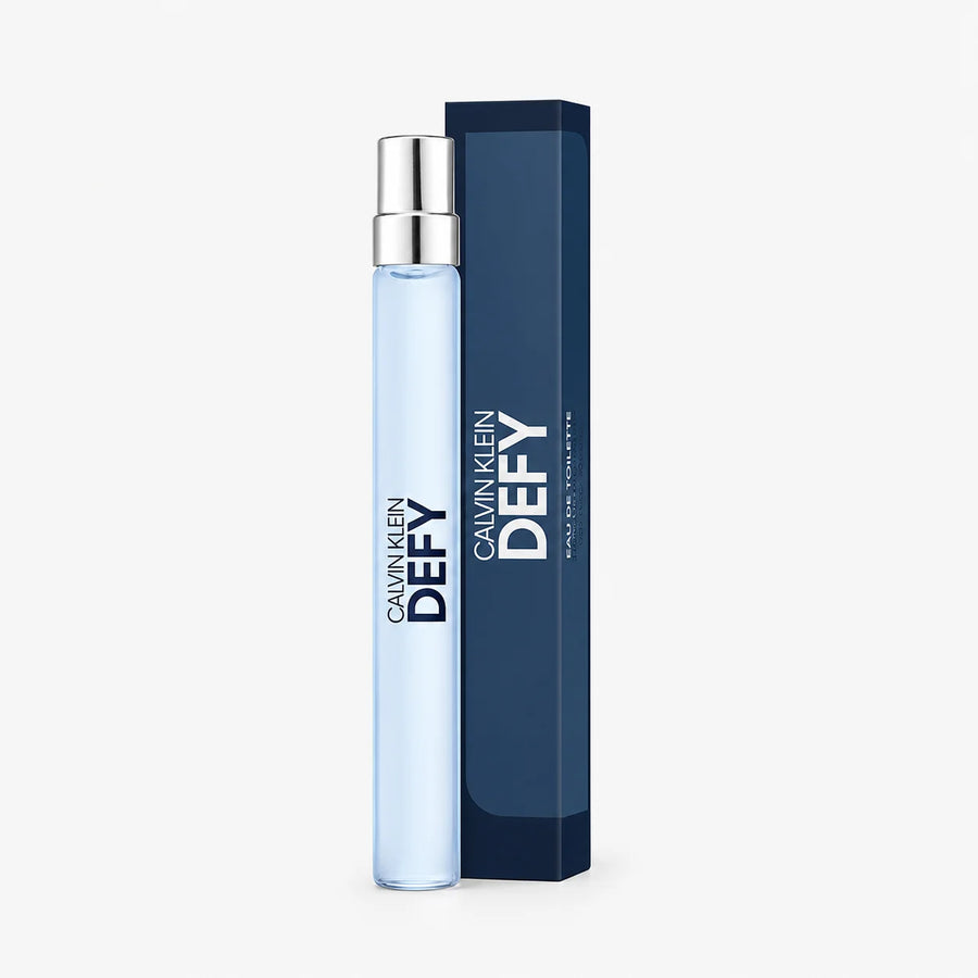 Calvin Klein Defy Eau de Parfum 10ml Miniature – travel spray beside its navy box