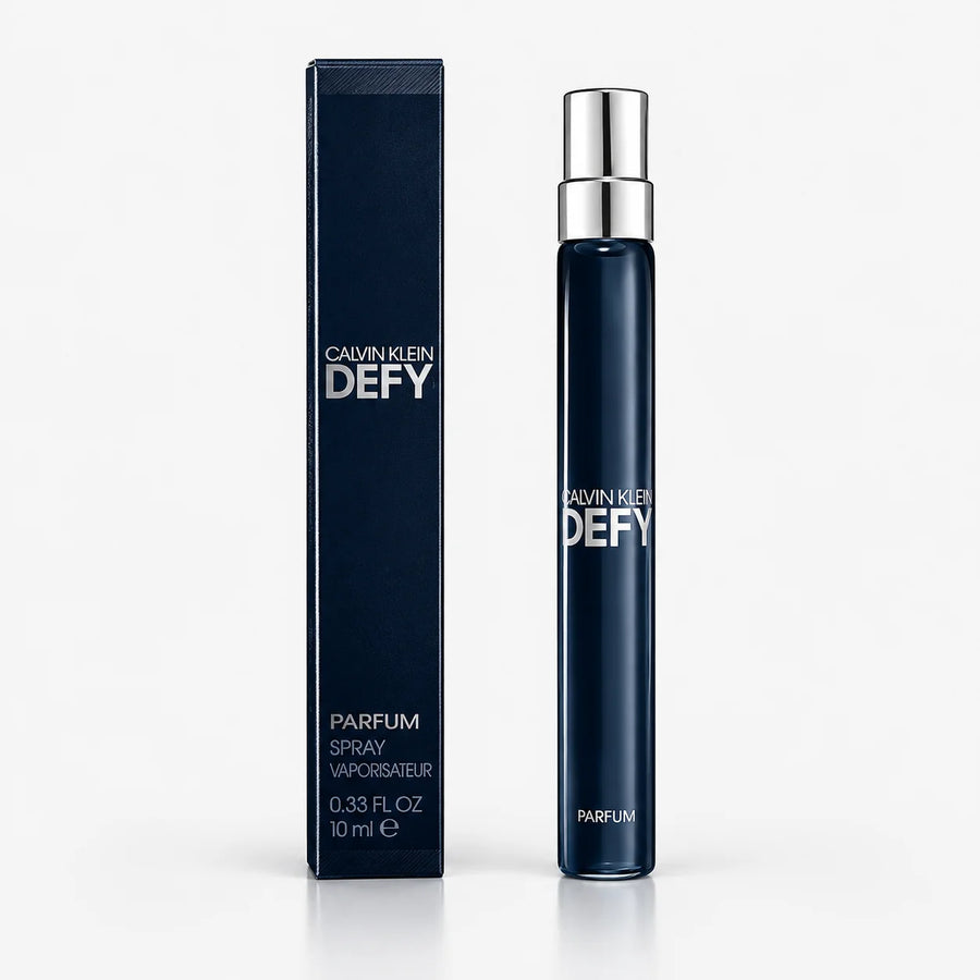 Calvin Klein Defy Parfum 10ml Miniature – travel spray beside its navy Parfum box