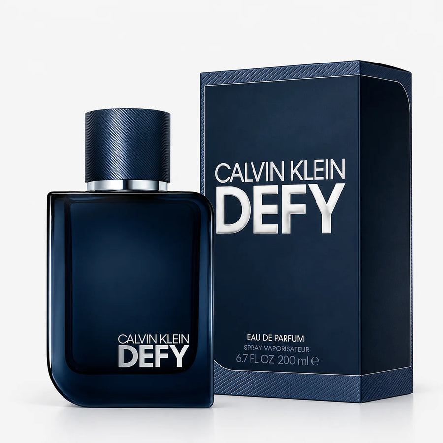 Calvin Klein Defy Parfum – bottle beside its navy 200 ml box