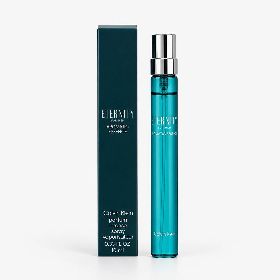 Calvin Klein Eternity Aromatic Essence Parfum Intense 10ml Miniature – travel spray beside its dark teal box