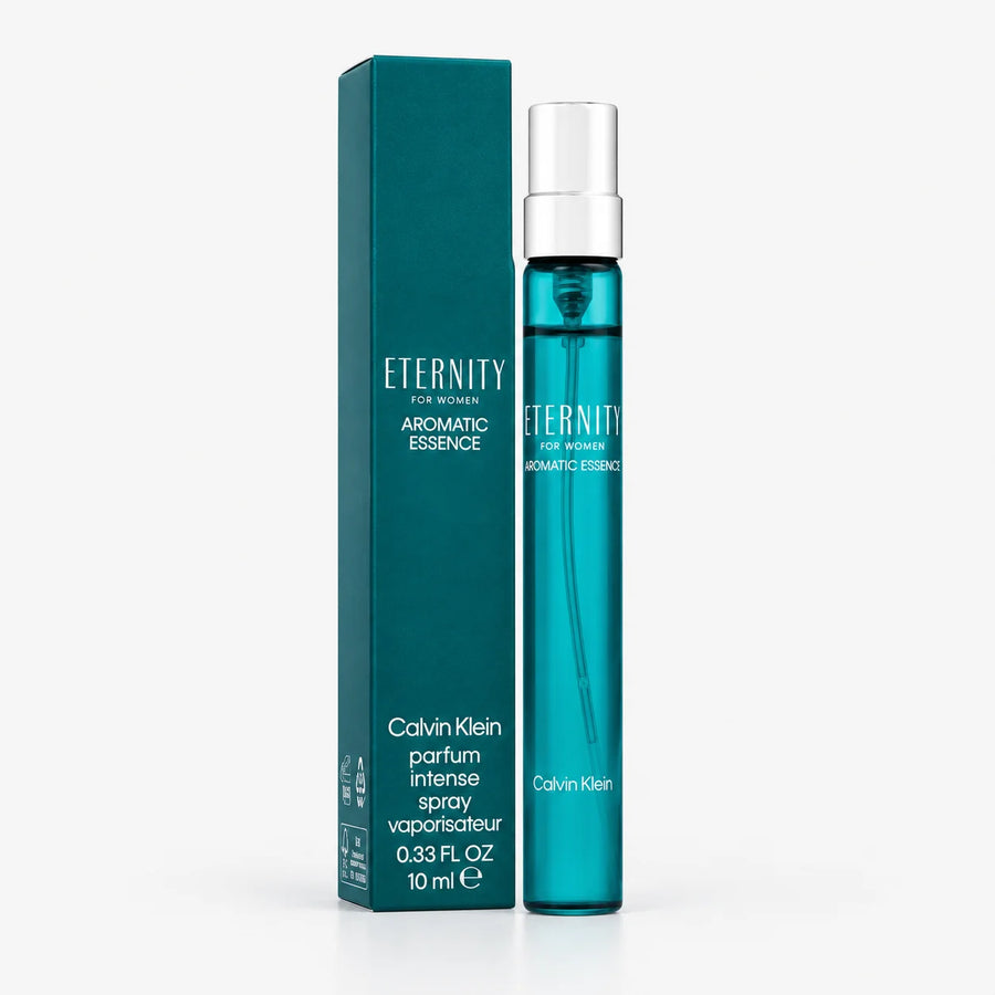 Calvin Klein Eternity Aromatic Essence Parfum Intense 10ml Miniature – travel spray beside its teal box