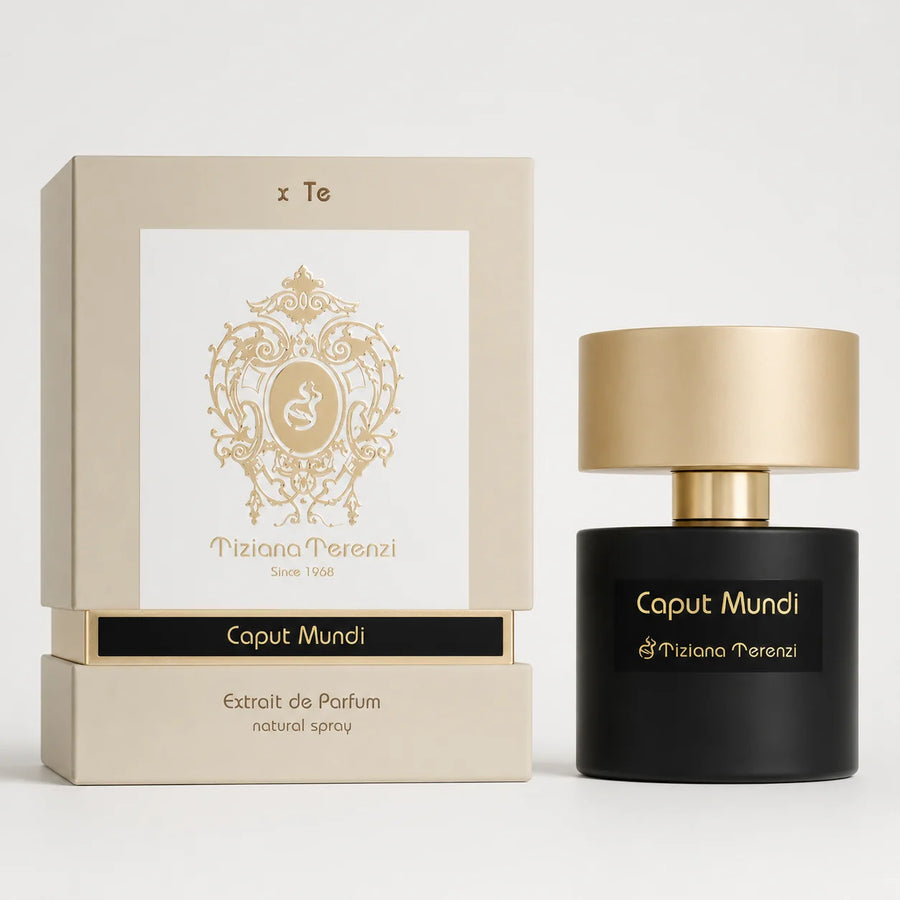 Caput Mundi Extrait de Parfum 100ml – bottle beside its cream gift box