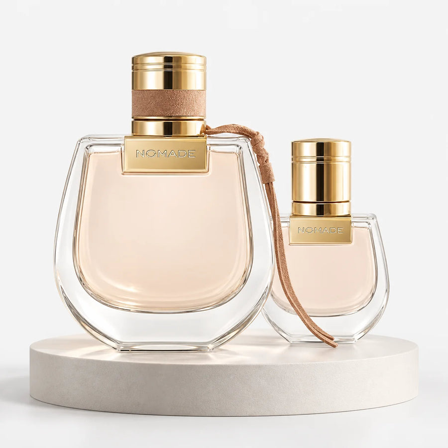 Chloé Nomade Eau de Parfum Gift Set 75ml + 20ml Travel Spray – full-size and travel bottles on a white plinth