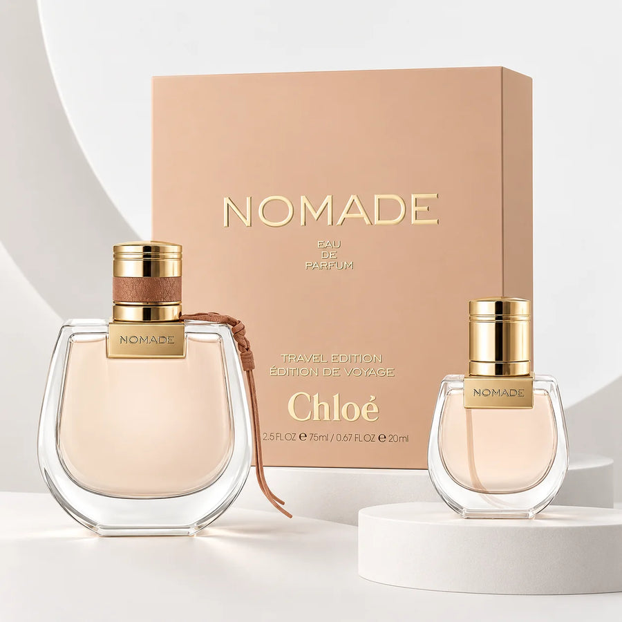 Chloé Nomade Eau de Parfum Gift Set 75ml + 20ml Travel Spray – two bottles beside the Nomade gift box