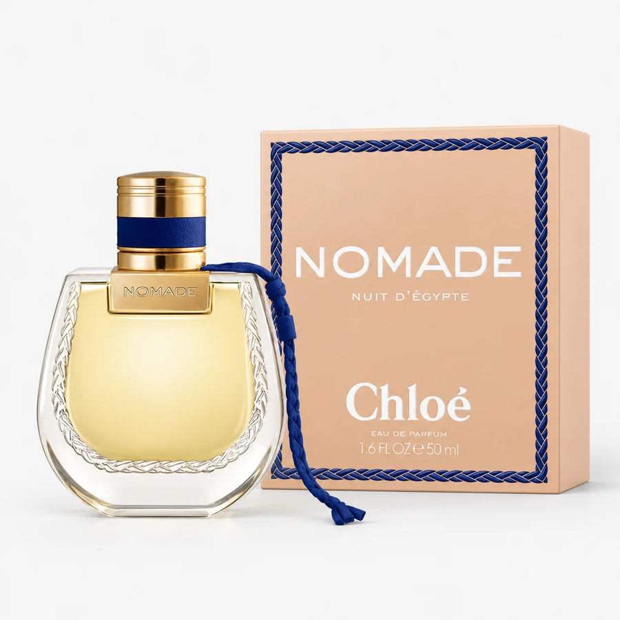 Chloé Nomade Nuit d’Égypte Eau de Parfum 50ml – bottle beside its blue-trimmed box