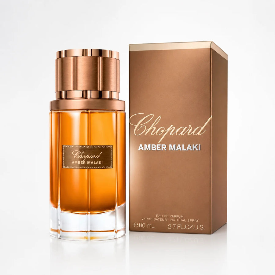 Chopard Amber Malaki Eau de Parfum 80ml – 80 ml bottle beside its bronze gift box