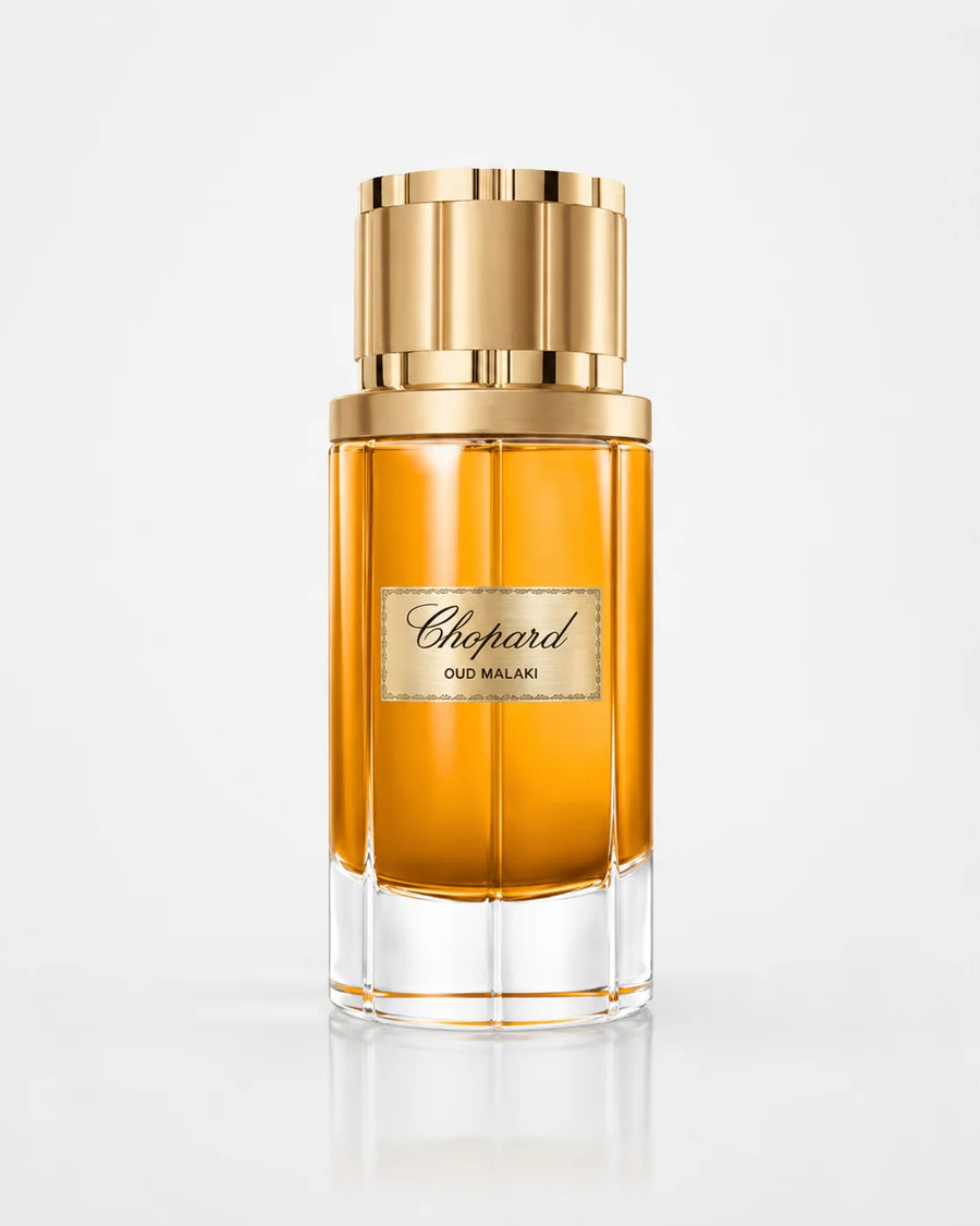 Chopard Oud Malaki Eau de Parfum 80ml – amber glass bottle with gold cap, front view