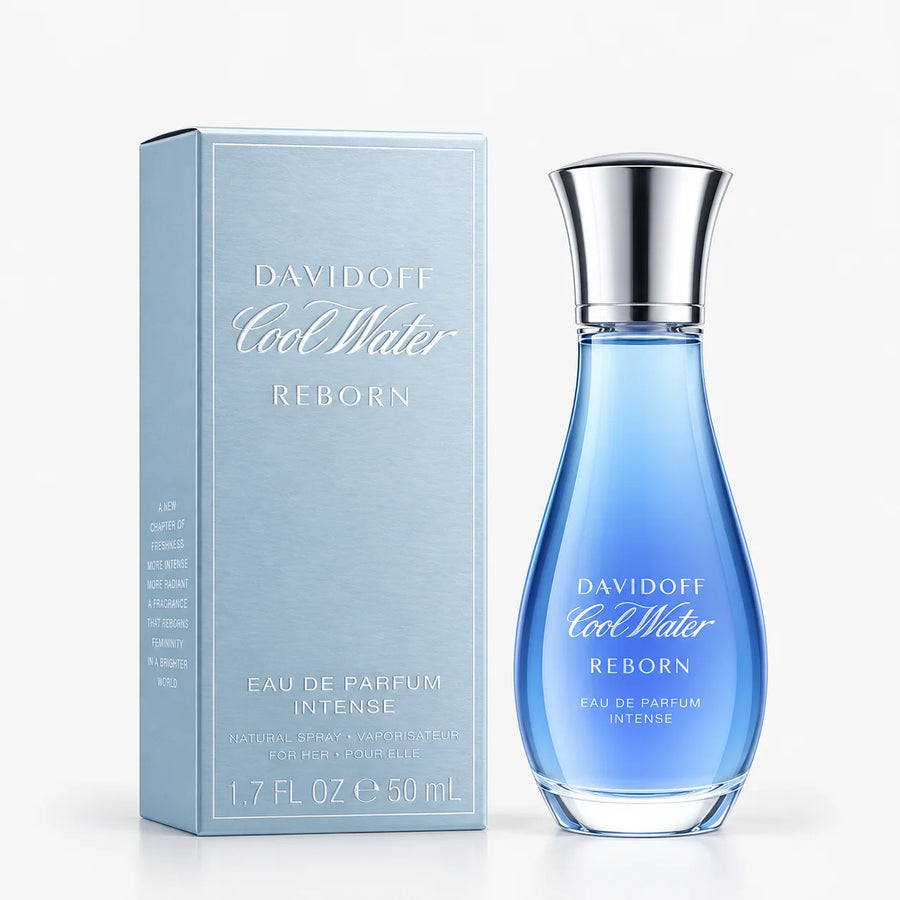Davidoff Cool Water Reborn Intense Eau de Parfum 50ml – bottle beside its light blue box