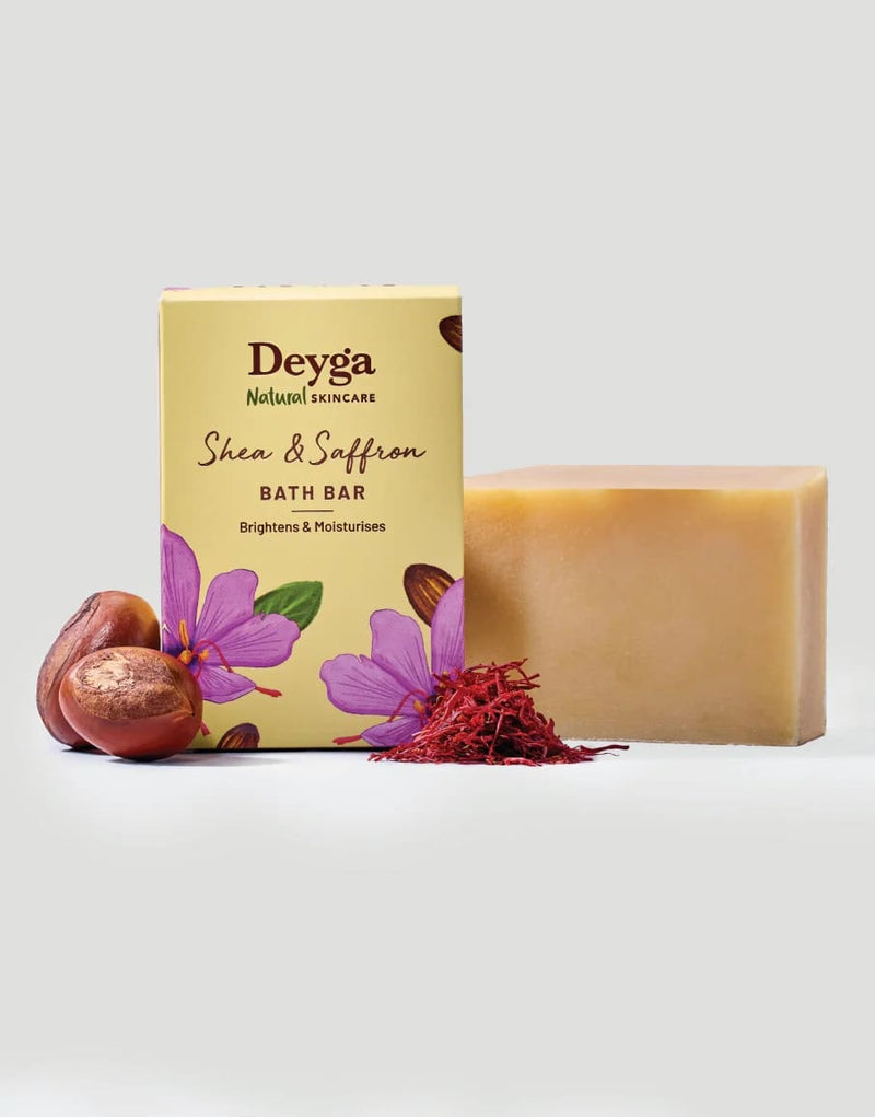 Deyga Shea Saffron Bath Bar 100G – bar with box, shea nuts and saffron