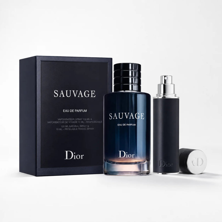 Dior Sauvage Eau de Parfum 100ml + 10ml Men’s Gift Set – bottle and travel spray beside the black gift box
