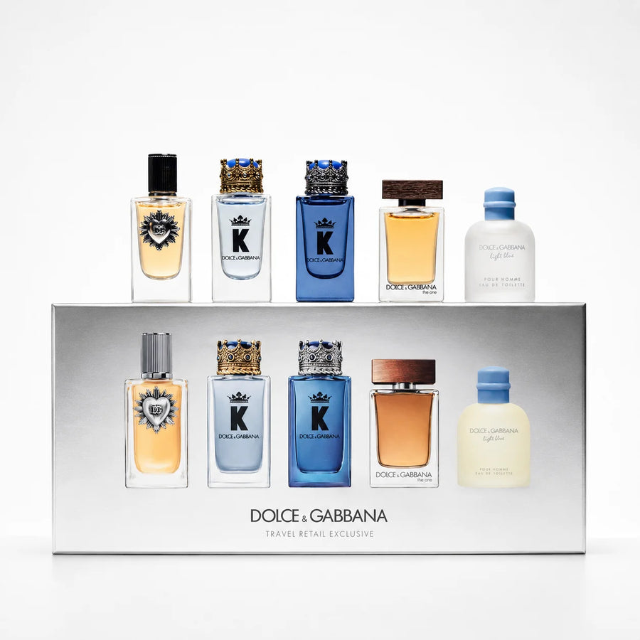 Dolce & Gabbana Men’s Miniature Fragrance Set – five miniatures standing above the open gift box