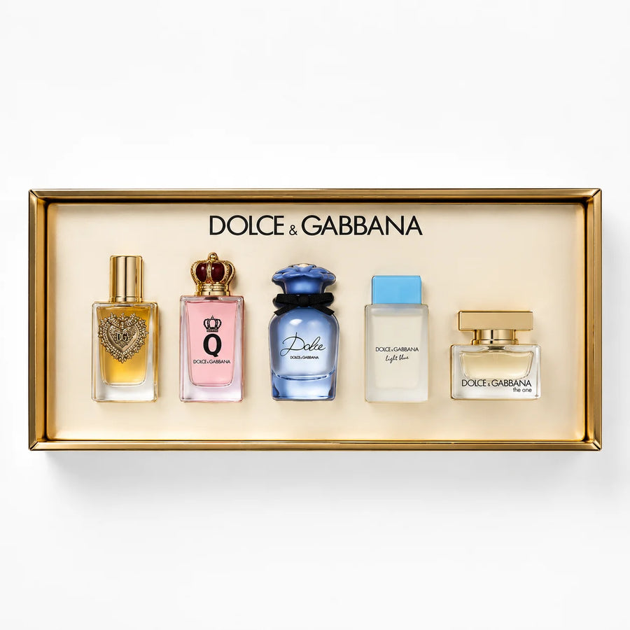 Dolce & Gabbana Women’s Miniature Fragrance Set – boxed set of five miniature bottles in a gold frame box