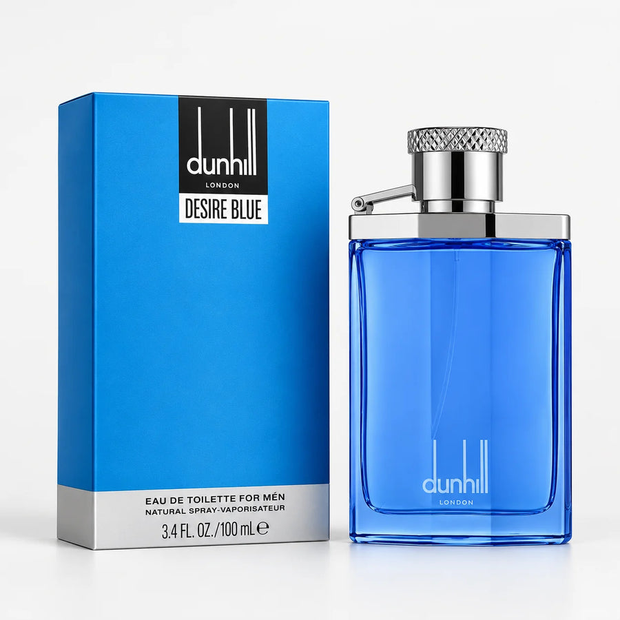 Dunhill Desire Blue Eau de Toilette 100ml – bottle in front of its blue Desire Blue box