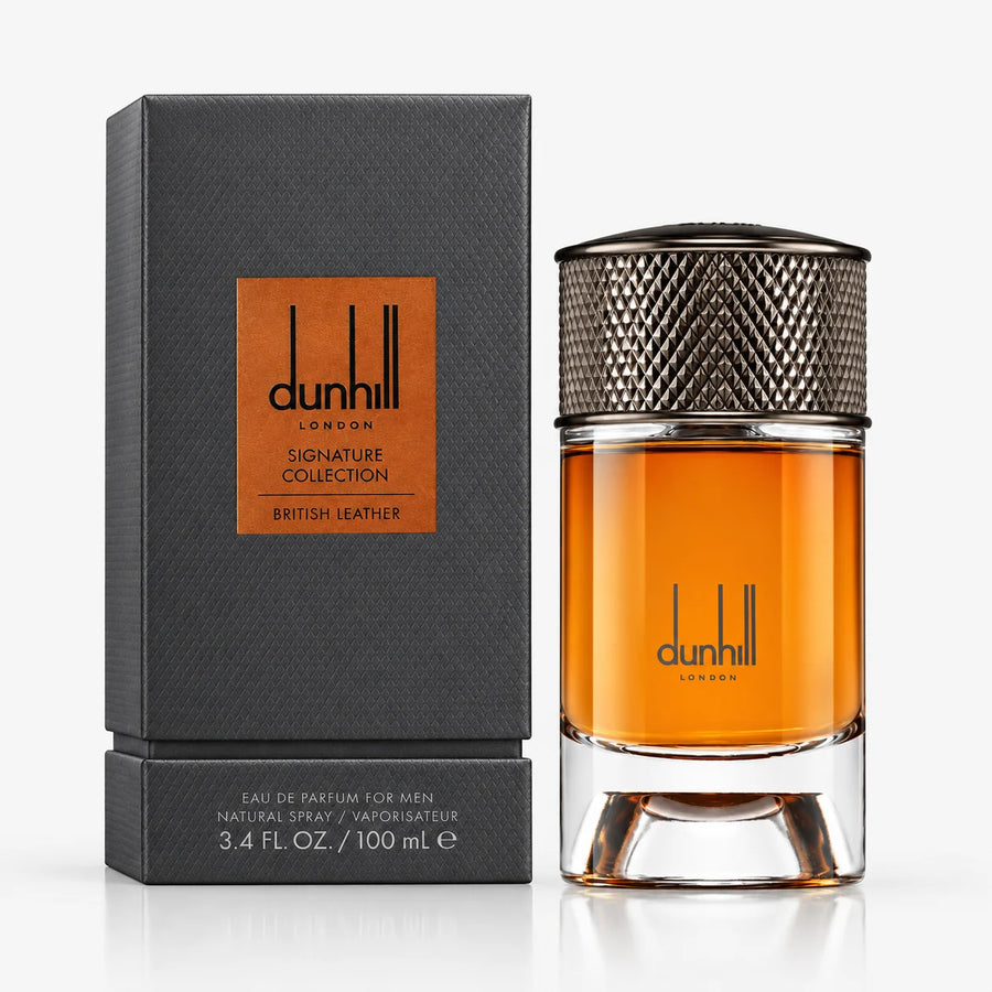 Dunhill Signature Collection British Leather Eau de Parfum 100ml – bottle beside its grey Signature Collection box