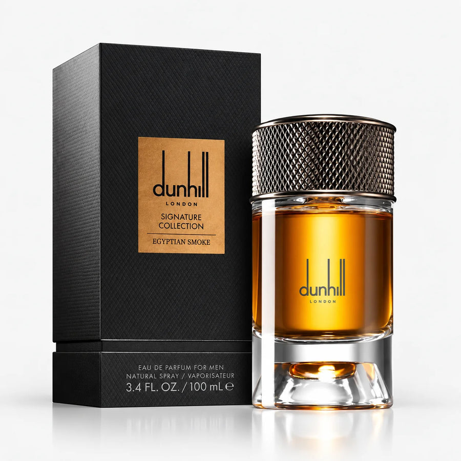 Dunhill Signature Collection Egyptian Smoke Eau de Parfum 100ml – bottle beside its black Signature Collection box