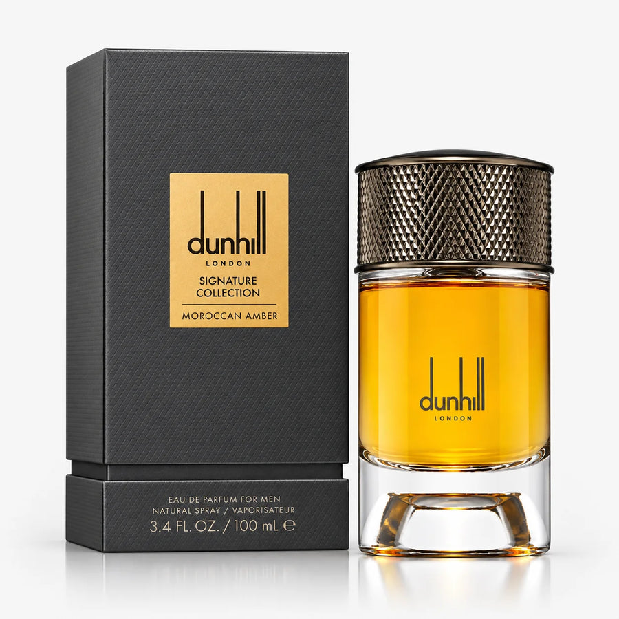 Dunhill Signature Collection Moroccan Amber Eau de Parfum 100ml – bottle beside its black Signature Collection box