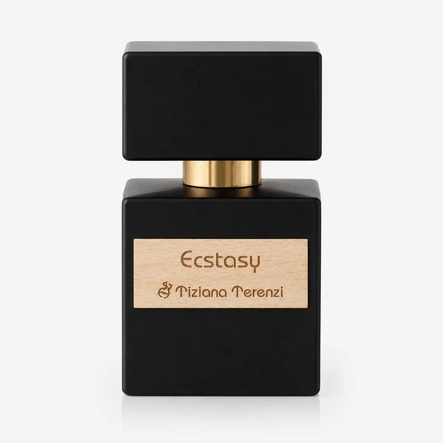 Ecstasy Extrait de Parfum 100ml – black bottle with wooden label, front view