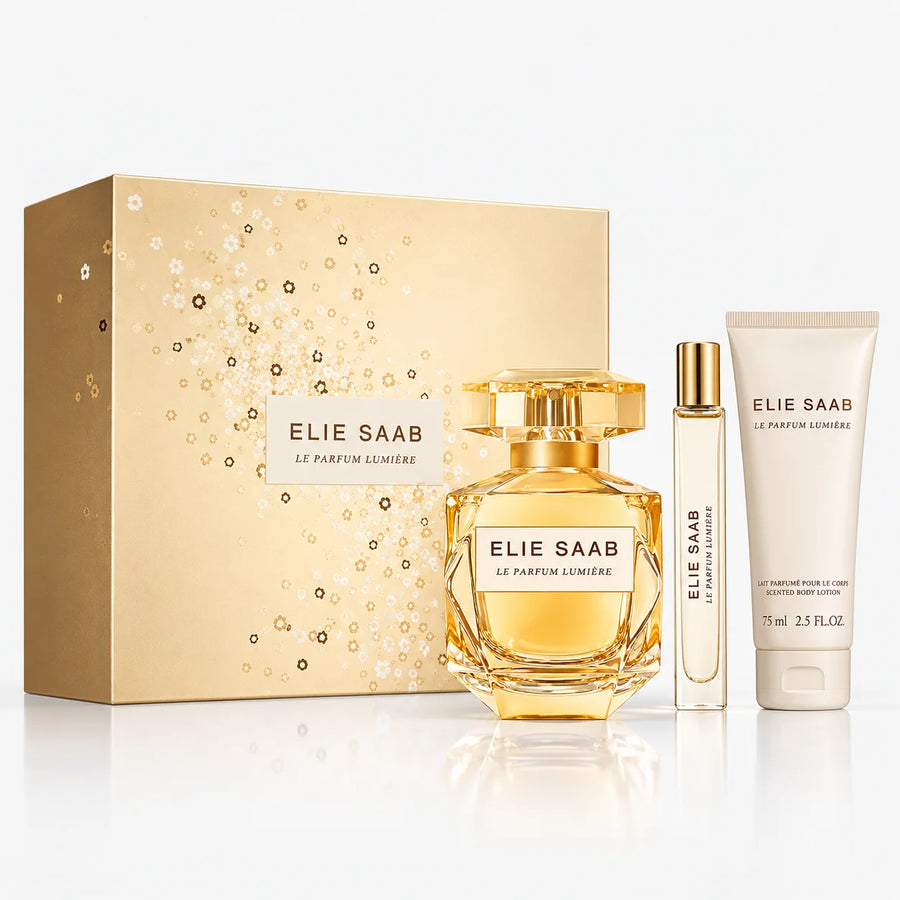 Elie Saab Le Parfum Lumière Eau de Parfum Gift Set 90ml + 10ml + Body Lotion 75ml – gold gift box with bottle, travel spray and lotion