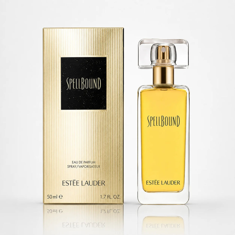 Estée Lauder SpellBound Eau de Parfum 50ml – bottle beside its gold box marked 50 ml