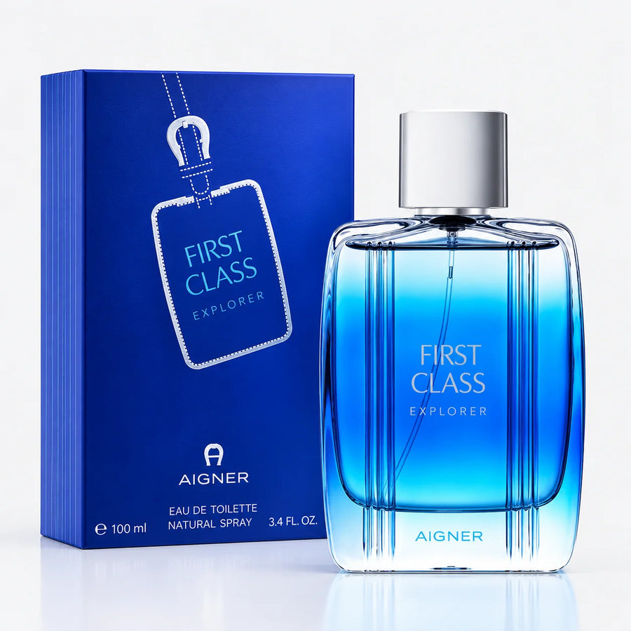 Etienne Aigner First Class Explorer Eau de Toilette 100ml – bottle beside its blue box