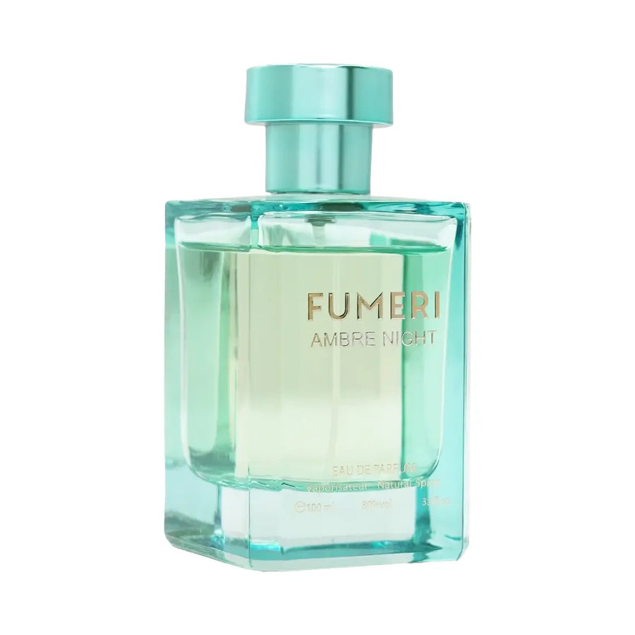 Fumeri Ambre Night Unisex EDP 100ML – teal glass bottle, angled view showing the side