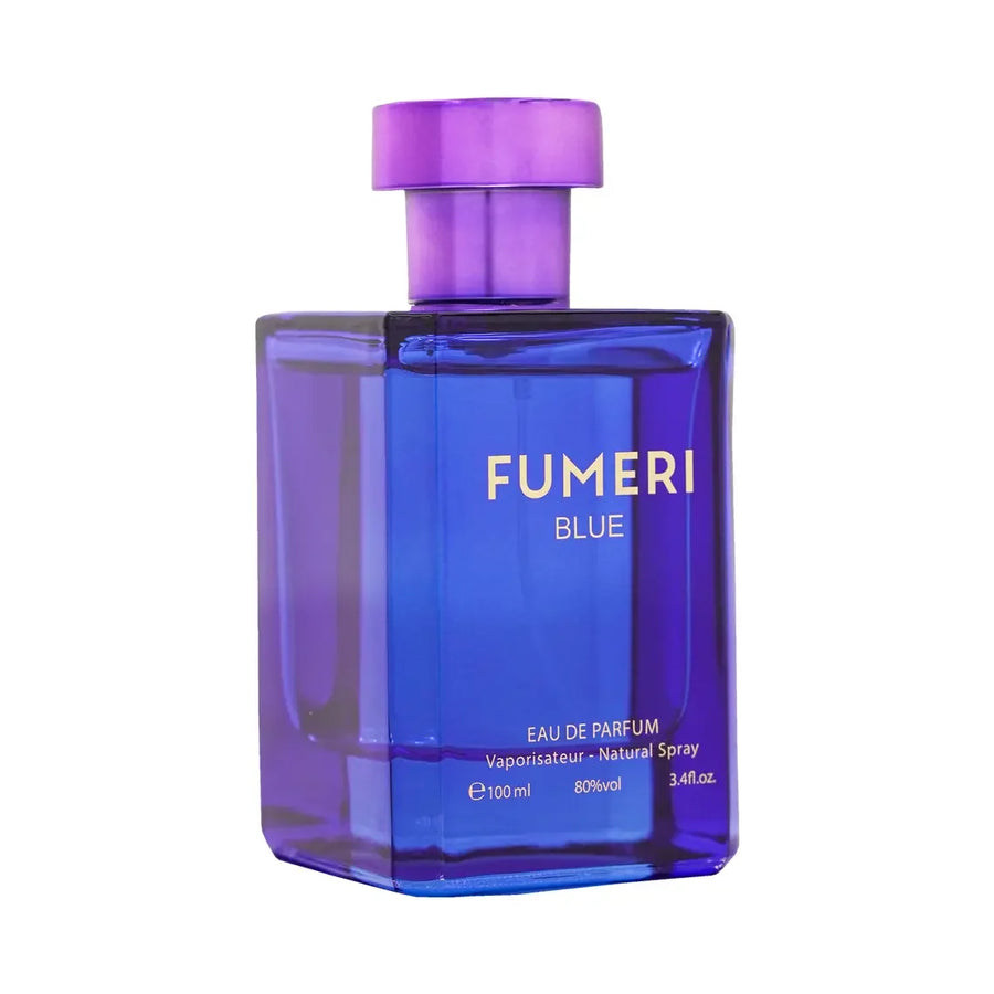 Fumeri Blue For Men EDP 100ML – blue glass bottle, angled view showing the side