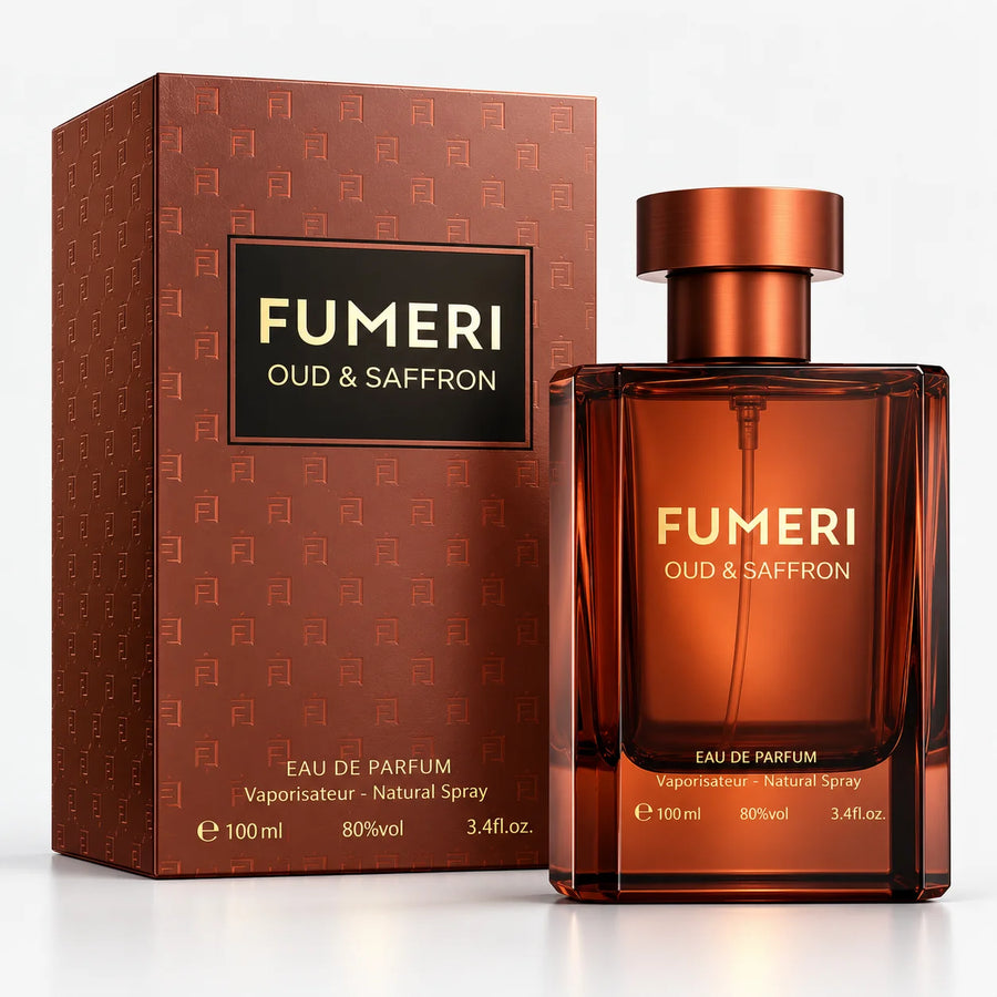 Fumeri Oud Saffron For Men Eau De Parfum 100ML – bottle beside its brown box