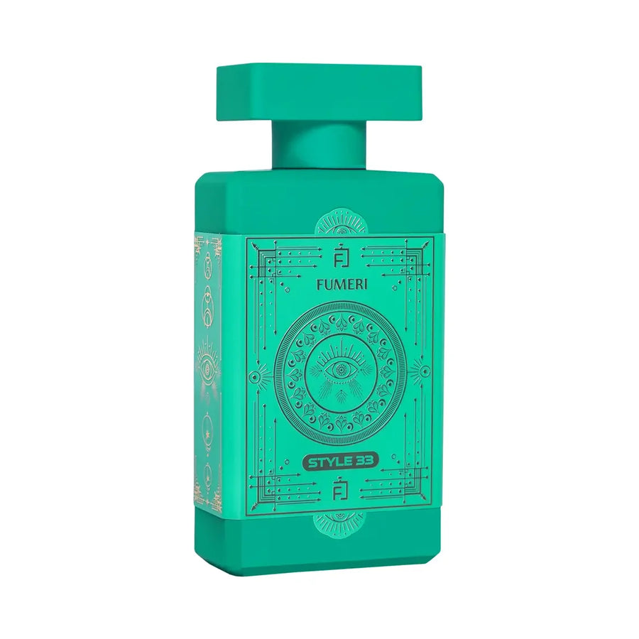Fumeri Style 33 Unisex Eau De Parfum 100ML – turquoise bottle, angled view showing the side