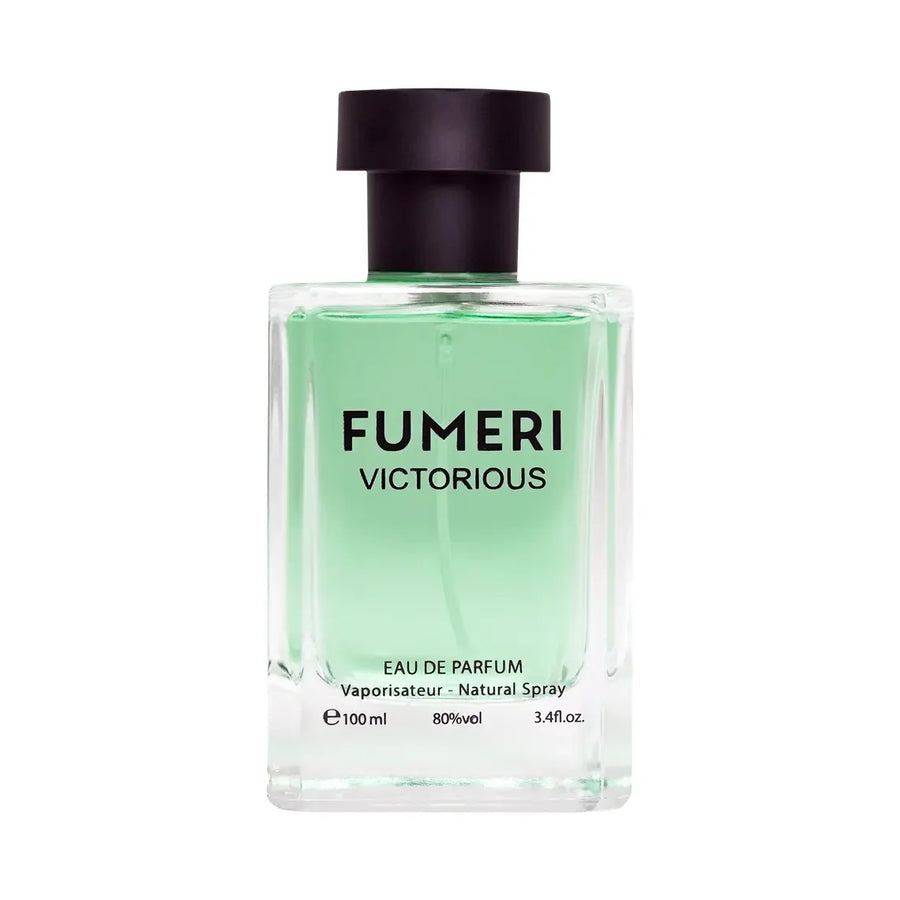 Fumeri Victorious For Men Eau De Parfum 100ML – green glass bottle with black cap, front view