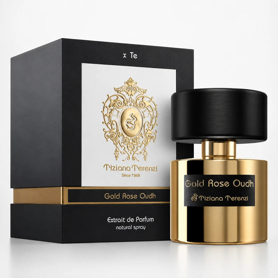 Gold Rose Oudh Extrait de Parfum 100ml – bottle beside its black and white gift box