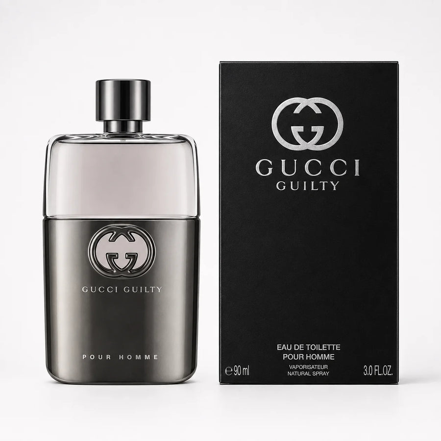 Gucci Guilty Pour Homme Eau de Toilette 90ml – bottle beside its black box