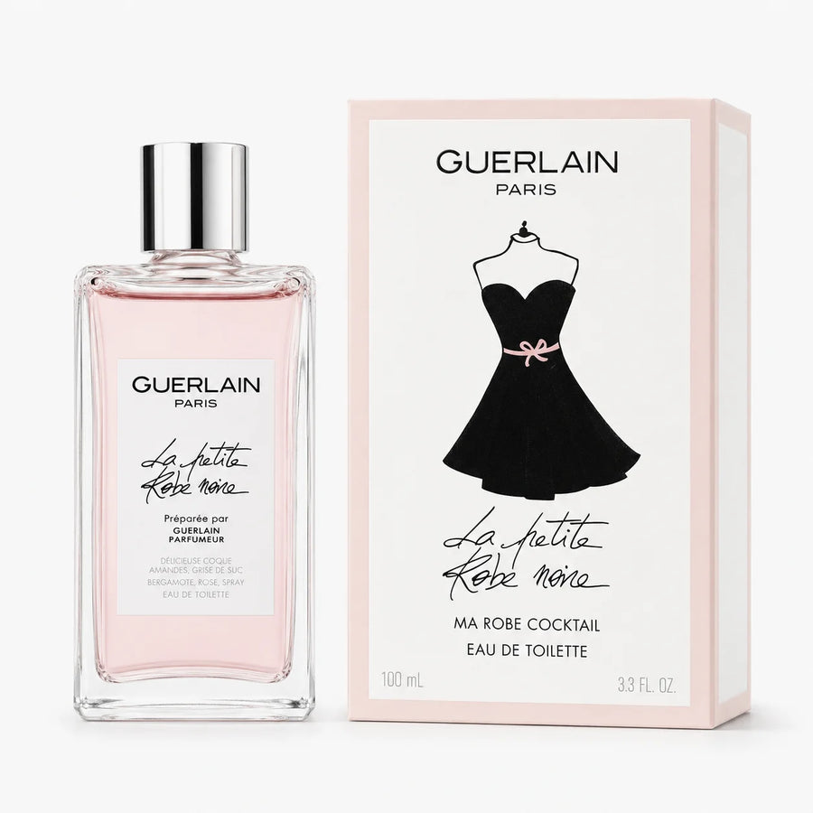 Guerlain La Petite Robe Noire Ma Robe Cocktail Eau de Toilette 100ml – bottle beside its pink and white dress box