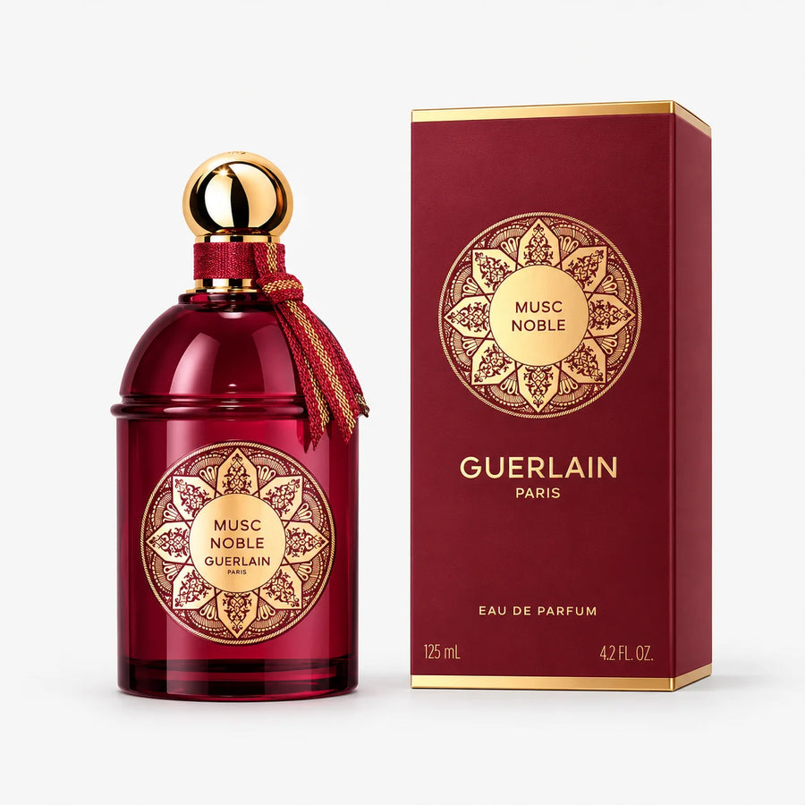 Guerlain Musc Noble Eau de Parfum 125ml – bottle beside its red and gold box