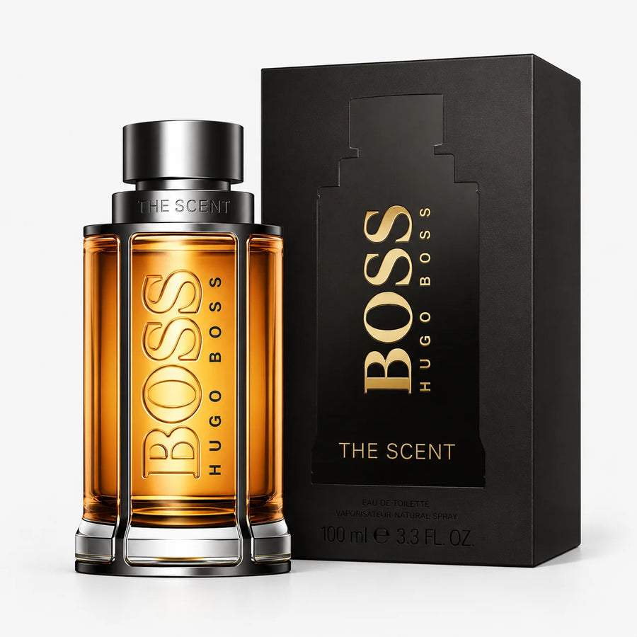 Hugo Boss BOSS The Scent Eau de Toilette 100ml Tester – bottle and black box on a white background