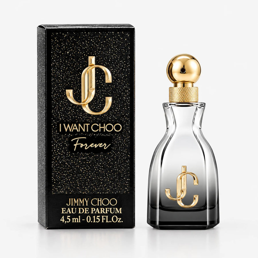 Jimmy Choo I Want Choo Forever Eau de Parfum 4.5ml Miniature – miniature beside its black box marked 4.5 ml