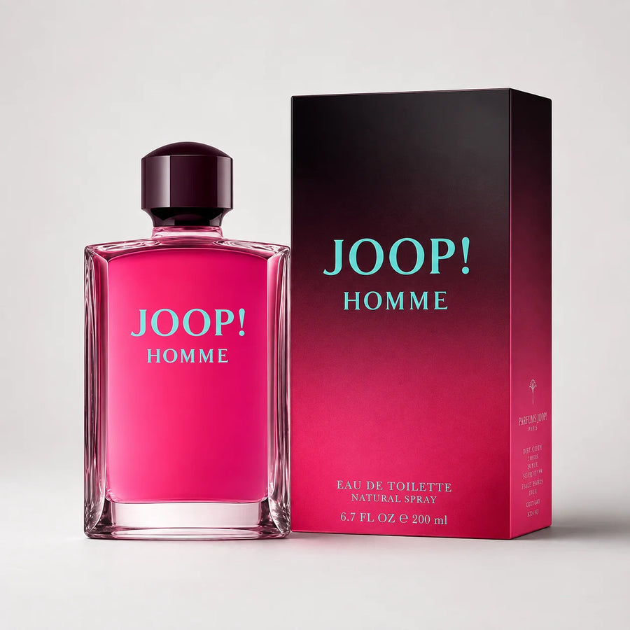 Joop! Homme Eau de Toilette 200ml – bottle beside its pink and black box