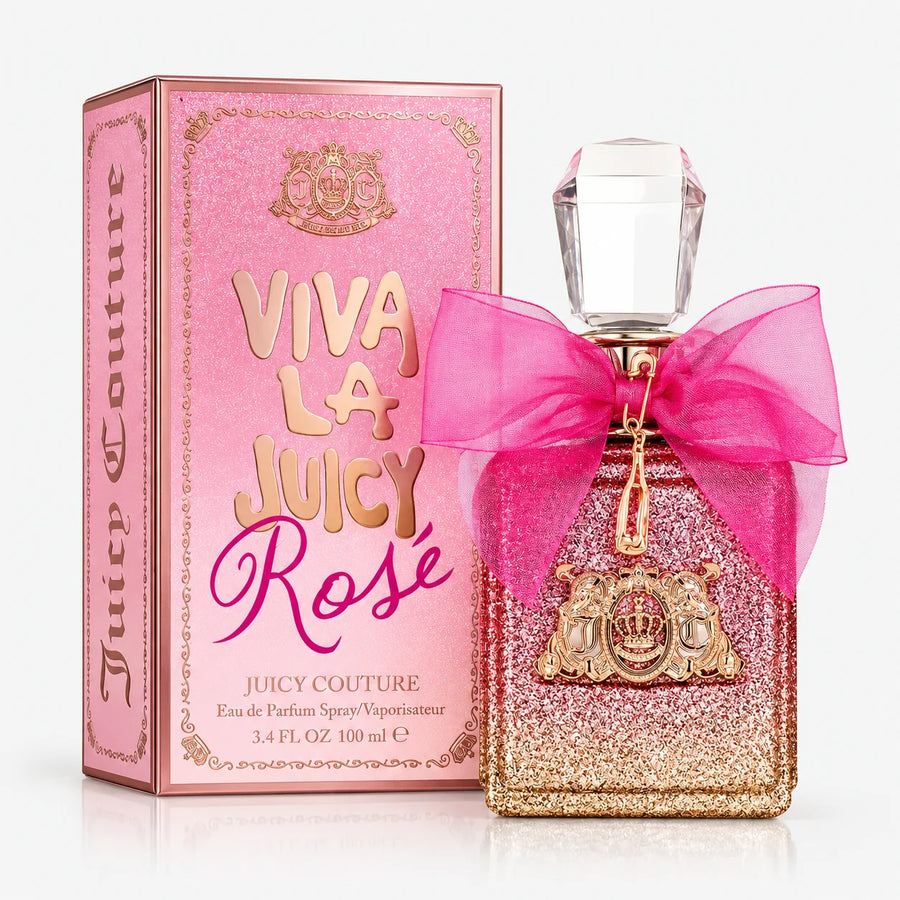 Juicy Couture Viva La Juicy Rosé Eau de Parfum – bottle beside its pink 100 ml box